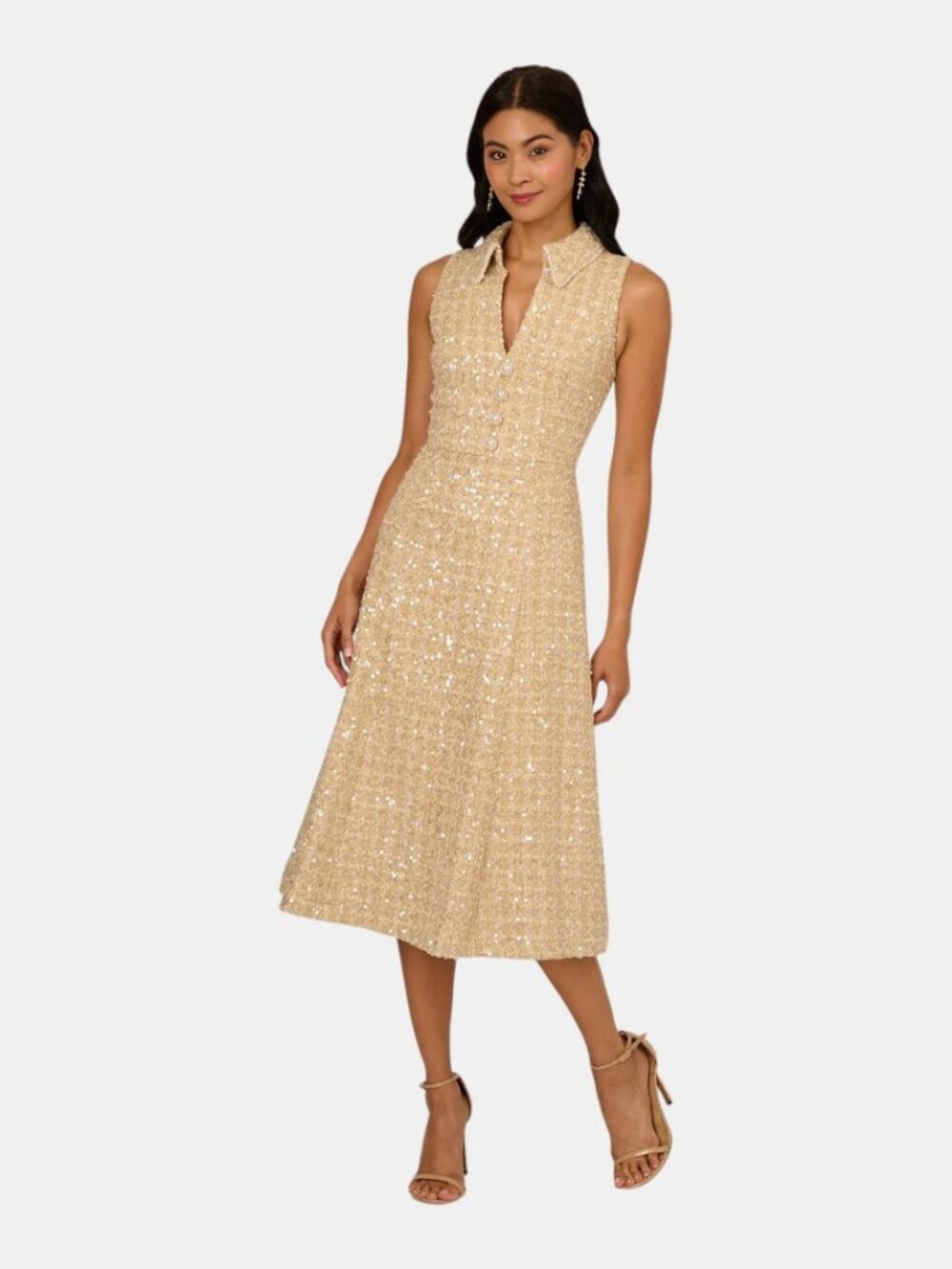 NWT ADRIANNA PAPELL COLLARED SEQUIN TWEED MIDI DRESS CHAMPAGNE  SIZE 10